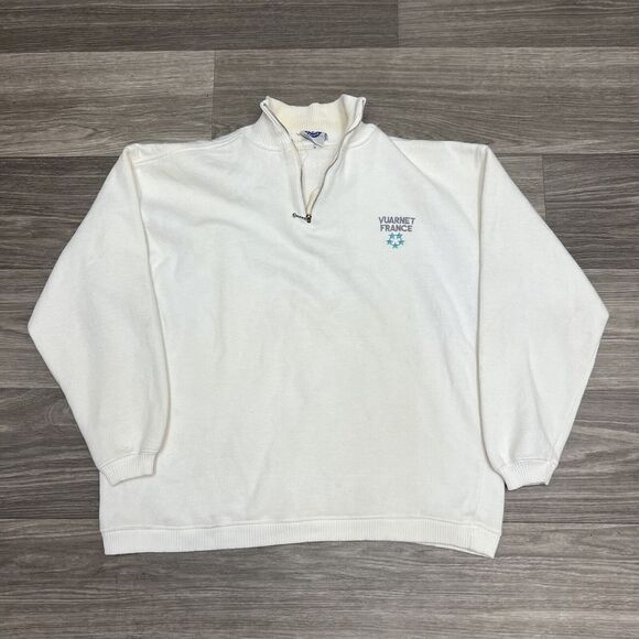 True Vintage 80s Vuarnet France Sweater Mens Large White Jumper 1/4 Zip RARE